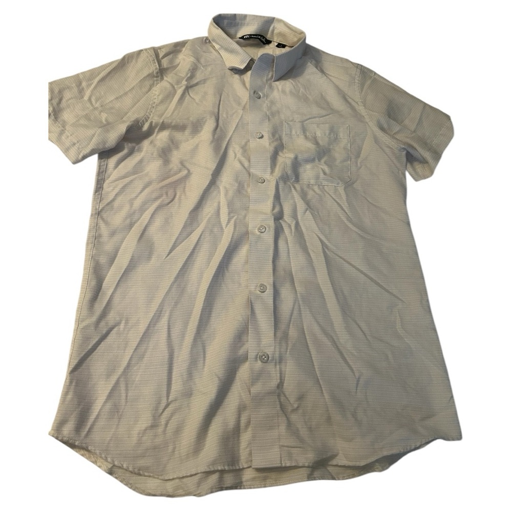 Travis Mathew white short sleeve button down shirt gray stripes